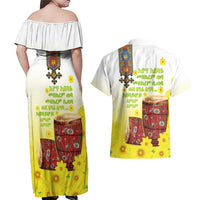 Ethiopian Enkutatash Couples Matching Off Shoulder Maxi Dress and Hawaiian Shirt Kebero Drum With Adey Abeba Flower - Wonder Print Shop