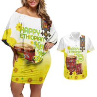 Ethiopian Enkutatash Couples Matching Off Shoulder Short Dress and Hawaiian Shirt Kebero Drum With Adey Abeba Flower - Wonder Print Shop