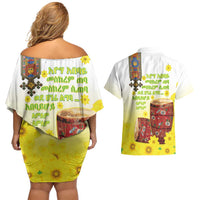 Ethiopian Enkutatash Couples Matching Off Shoulder Short Dress and Hawaiian Shirt Kebero Drum With Adey Abeba Flower - Wonder Print Shop
