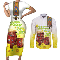 Ethiopian Enkutatash Couples Matching Short Sleeve Bodycon Dress and Long Sleeve Button Shirt Kebero Drum With Adey Abeba Flower - Wonder Print Shop