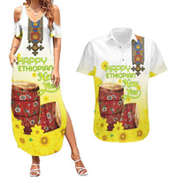 Ethiopian Enkutatash Couples Matching Summer Maxi Dress and Hawaiian Shirt Kebero Drum With Adey Abeba Flower - Wonder Print Shop