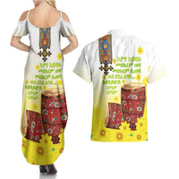 Ethiopian Enkutatash Couples Matching Summer Maxi Dress and Hawaiian Shirt Kebero Drum With Adey Abeba Flower - Wonder Print Shop
