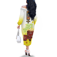 Ethiopian Enkutatash Family Matching Off The Shoulder Long Sleeve Dress and Hawaiian Shirt Kebero Drum With Adey Abeba Flower - Wonder Print Shop