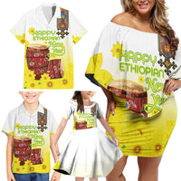 Ethiopian Enkutatash Family Matching Off Shoulder Short Dress and Hawaiian Shirt Kebero Drum With Adey Abeba Flower - Wonder Print Shop