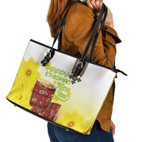 Ethiopian Enkutatash Leather Tote Bag Kebero Drum With Adey Abeba Flower - Wonder Print Shop