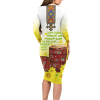 Ethiopian Enkutatash Long Sleeve Bodycon Dress Kebero Drum With Adey Abeba Flower - Wonder Print Shop