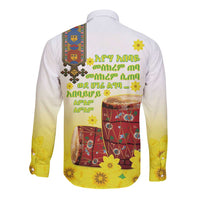Ethiopian Enkutatash Long Sleeve Button Shirt Kebero Drum With Adey Abeba Flower - Wonder Print Shop