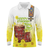 Ethiopian Enkutatash Long Sleeve Polo Shirt Kebero Drum With Adey Abeba Flower - Wonder Print Shop
