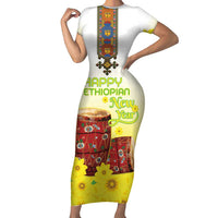 Ethiopian Enkutatash Short Sleeve Bodycon Dress Kebero Drum With Adey Abeba Flower - Wonder Print Shop