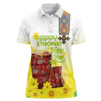 Ethiopian Enkutatash Women Polo Shirt Kebero Drum With Adey Abeba Flower - Wonder Print Shop