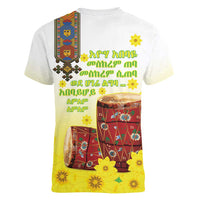 Ethiopian Enkutatash Women V-Neck T-Shirt Kebero Drum With Adey Abeba Flower - Wonder Print Shop