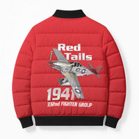 Tuskegee Red Tails Airmen Bomber Puffer Jacket P-51 Mustang 332nd Fighter Group - Red - Wonder Print Shop
