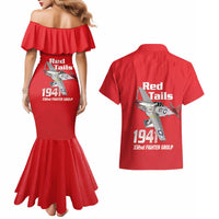 Tuskegee Red Tails Airmen Couples Matching Mermaid Dress and Hawaiian Shirt P-51 Mustang 332nd Fighter Group - Red - Wonder Print Shop
