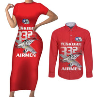 Tuskegee Red Tails Airmen Couples Matching Short Sleeve Bodycon Dress and Long Sleeve Button Shirt P-51 Mustang 332nd Fighter Group - Red - Wonder Print Shop