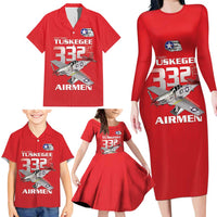 Tuskegee Red Tails Airmen Family Matching Long Sleeve Bodycon Dress and Hawaiian Shirt P-51 Mustang 332nd Fighter Group - Red - Wonder Print Shop