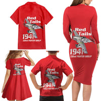 Tuskegee Red Tails Airmen Family Matching Long Sleeve Bodycon Dress and Hawaiian Shirt P-51 Mustang 332nd Fighter Group - Red - Wonder Print Shop