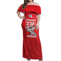 Tuskegee Red Tails Airmen Off Shoulder Maxi Dress P-51 Mustang 332nd Fighter Group - Red - Wonder Print Shop