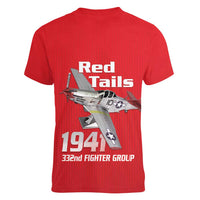 Tuskegee Red Tails Airmen Women V-Neck T-Shirt P-51 Mustang 332nd Fighter Group - Red - Wonder Print Shop
