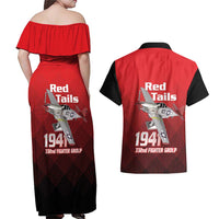 Tuskegee Red Tails Airmen Couples Matching Off Shoulder Maxi Dress and Hawaiian Shirt P-51 Mustang 332nd Fighter Group - Black Red - Wonder Print Shop