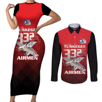 Tuskegee Red Tails Airmen Couples Matching Short Sleeve Bodycon Dress and Long Sleeve Button Shirt P-51 Mustang 332nd Fighter Group - Black Red - Wonder Print Shop