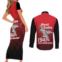 Tuskegee Red Tails Airmen Couples Matching Short Sleeve Bodycon Dress and Long Sleeve Button Shirt P-51 Mustang 332nd Fighter Group - Black Red - Wonder Print Shop
