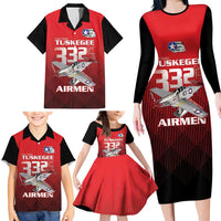 Tuskegee Red Tails Airmen Family Matching Long Sleeve Bodycon Dress and Hawaiian Shirt P-51 Mustang 332nd Fighter Group - Black Red - Wonder Print Shop