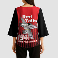 Tuskegee Red Tails Airmen Kimono Sleeve Blouse P-51 Mustang 332nd Fighter Group - Black Red - Wonder Print Shop