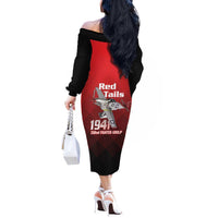 Tuskegee Red Tails Airmen Off The Shoulder Long Sleeve Dress P-51 Mustang 332nd Fighter Group - Black Red - Wonder Print Shop
