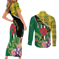 Personalised Dominica Independence Day Couples Matching Short Sleeve Bodycon Dress and Long Sleeve Button Shirt Sisserou Parrot With Tropical Flowers - Wonder Print Shop