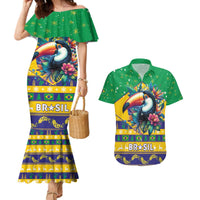 Brazil Christmas Couples Matching Mermaid Dress and Hawaiian Shirt Toco Toucan Flag Style - Wonder Print Shop