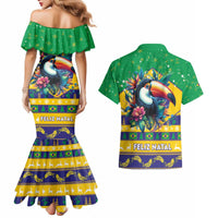 Brazil Christmas Couples Matching Mermaid Dress and Hawaiian Shirt Toco Toucan Flag Style - Wonder Print Shop