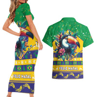 Brazil Christmas Couples Matching Short Sleeve Bodycon Dress and Hawaiian Shirt Toco Toucan Flag Style - Wonder Print Shop