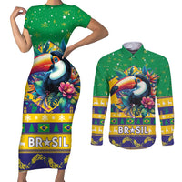 Brazil Christmas Couples Matching Short Sleeve Bodycon Dress and Long Sleeve Button Shirt Toco Toucan Flag Style - Wonder Print Shop