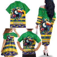 Brazil Christmas Family Matching Off The Shoulder Long Sleeve Dress and Hawaiian Shirt Toco Toucan Flag Style - Wonder Print Shop