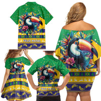 Brazil Christmas Family Matching Off Shoulder Short Dress and Hawaiian Shirt Toco Toucan Flag Style - Wonder Print Shop