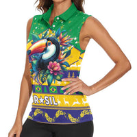 Brazil Christmas Women Sleeveless Polo Shirt Toco Toucan Flag Style - Wonder Print Shop