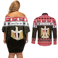 Egypt Christmas Couples Matching Off Shoulder Short Dress and Long Sleeve Button Shirt Coat Of Arms Eid Milad Majid LT15