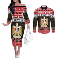 Egypt Christmas Couples Matching Off The Shoulder Long Sleeve Dress and Long Sleeve Button Shirt Coat Of Arms Eid Milad Majid