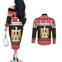 Egypt Christmas Couples Matching Off The Shoulder Long Sleeve Dress and Long Sleeve Button Shirt Coat Of Arms Eid Milad Majid