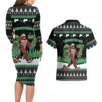 Funny Bigfoot 67 Six Seven Christmas Couples Matching Long Sleeve Bodycon Dress and Hawaiian Shirt Squatching Through The Snow - Wonder Print Shop