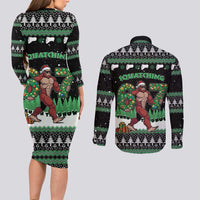Funny Bigfoot 67 Six Seven Christmas Couples Matching Long Sleeve Bodycon Dress and Long Sleeve Button Shirt Squatching Through The Snow - Wonder Print Shop