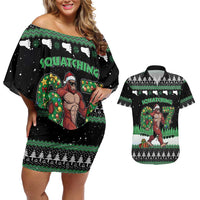Funny Bigfoot 67 Six Seven Christmas Couples Matching Off Shoulder Short Dress and Hawaiian Shirt Squatching Through The Snow - Wonder Print Shop