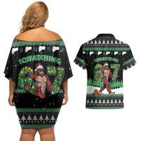 Funny Bigfoot 67 Six Seven Christmas Couples Matching Off Shoulder Short Dress and Hawaiian Shirt Squatching Through The Snow - Wonder Print Shop