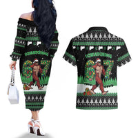 Funny Bigfoot 67 Six Seven Christmas Couples Matching Off The Shoulder Long Sleeve Dress and Hawaiian Shirt Squatching Through The Snow - Wonder Print Shop