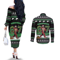 Funny Bigfoot 67 Six Seven Christmas Couples Matching Off The Shoulder Long Sleeve Dress and Long Sleeve Button Shirt Squatching Through The Snow - Wonder Print Shop