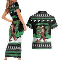 Funny Bigfoot 67 Six Seven Christmas Couples Matching Short Sleeve Bodycon Dress and Hawaiian Shirt Squatching Through The Snow - Wonder Print Shop