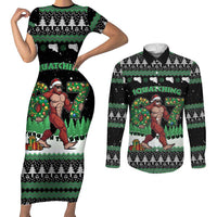 Funny Bigfoot 67 Six Seven Christmas Couples Matching Short Sleeve Bodycon Dress and Long Sleeve Button Shirt Squatching Through The Snow - Wonder Print Shop