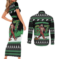 Funny Bigfoot 67 Six Seven Christmas Couples Matching Short Sleeve Bodycon Dress and Long Sleeve Button Shirt Squatching Through The Snow - Wonder Print Shop