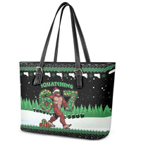 Funny Bigfoot 67 Six Seven Christmas Leather Tote Bag Squatching Through The Snow - Wonder Print Shop