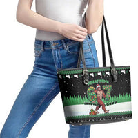 Funny Bigfoot 67 Six Seven Christmas Leather Tote Bag Squatching Through The Snow - Wonder Print Shop